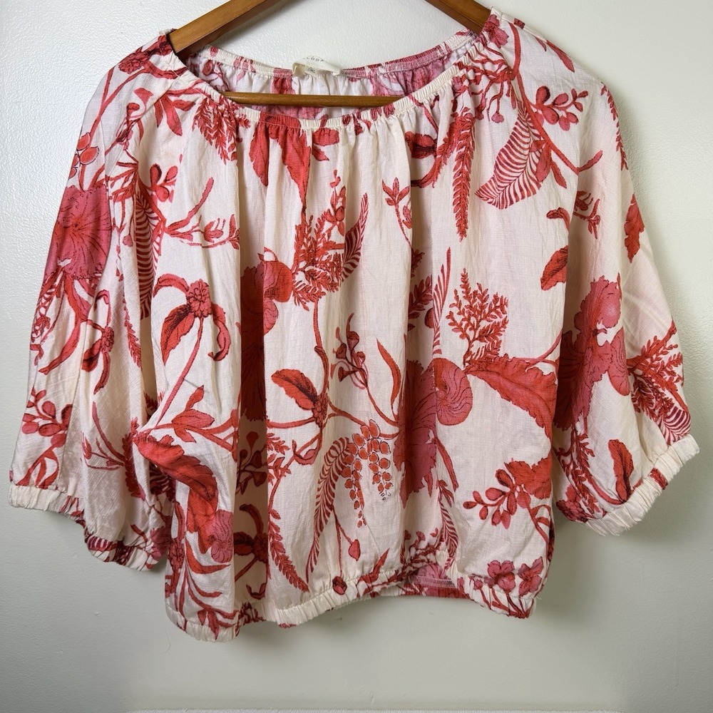 Melloday Women's Large Tropical Floral Puff Sleeve Blouse Red Linen Crop Top